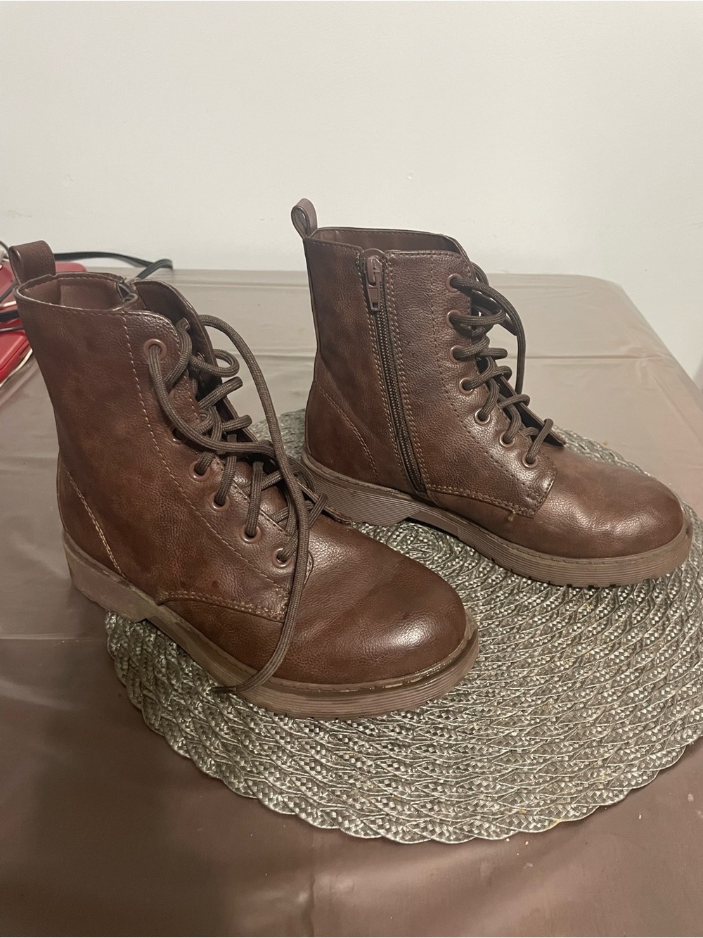 wonder nation Brown Lace-Up Side-Zip Kids Combat Boots